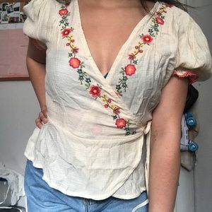 Cute floral embroidered wrap top